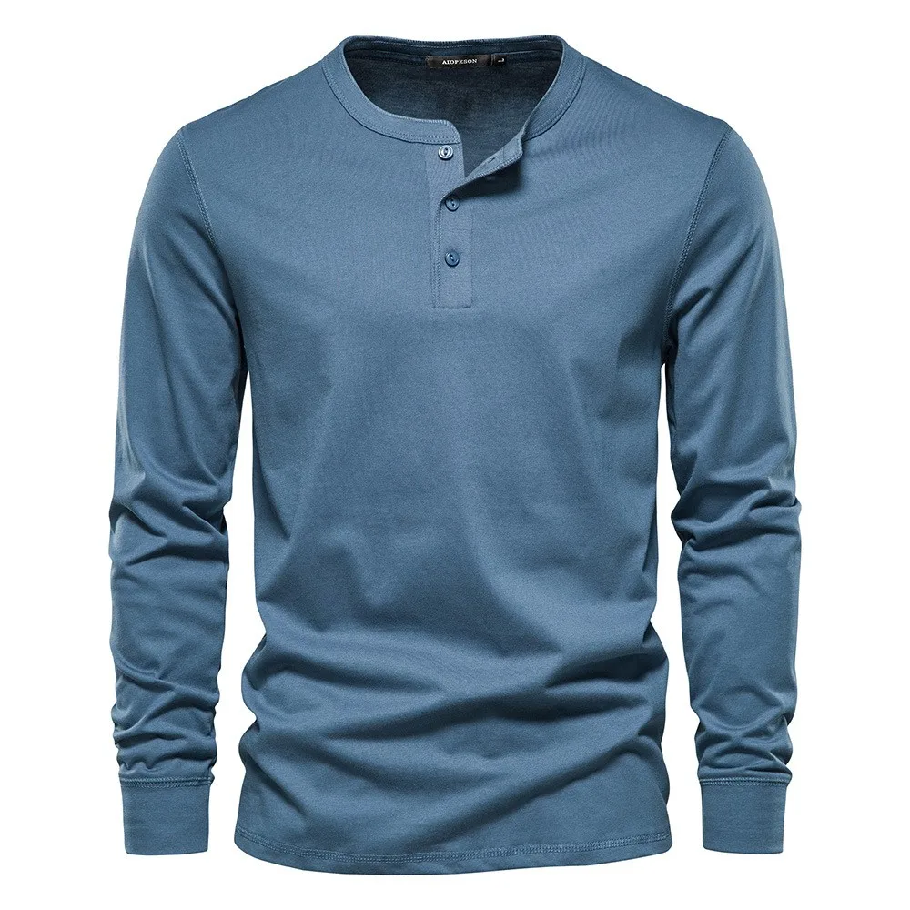 Camiseta con cuello Henley para hombre, camisa informal de manga larga de Color sólido, 100% algodón, de alta calidad, a la moda, otoño