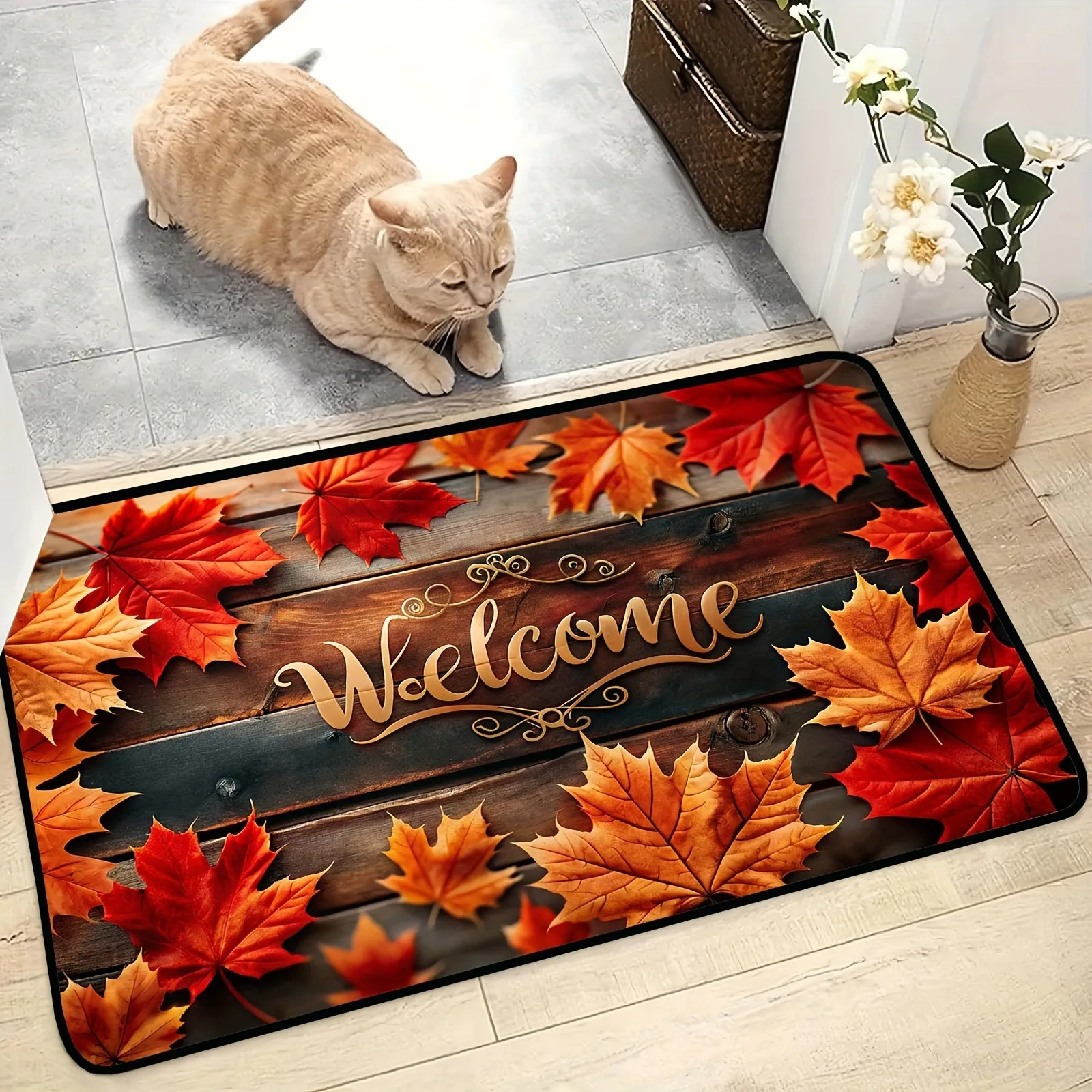 Autumn Maple Leaves Welcome Doormat - 1pc Non-Slip, Polyester Crystal Velvet, Machine Made for Living Room, Bedroom, Bathroom, Kitchen And Laundry - Durable, Fade Resistant Entry Rug