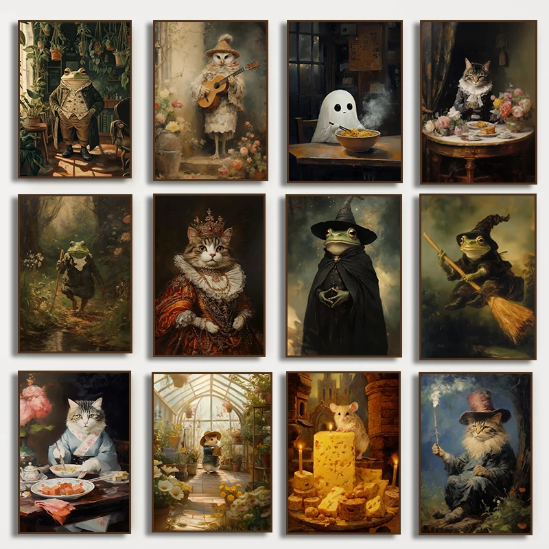 Póster Artístico de planta acogedora de rana, mago sabio, estampado de gato bonito, Bulldog Francés, Chef, pintura en lienzo, arte de pared para decoración del hogar y la sala de estar