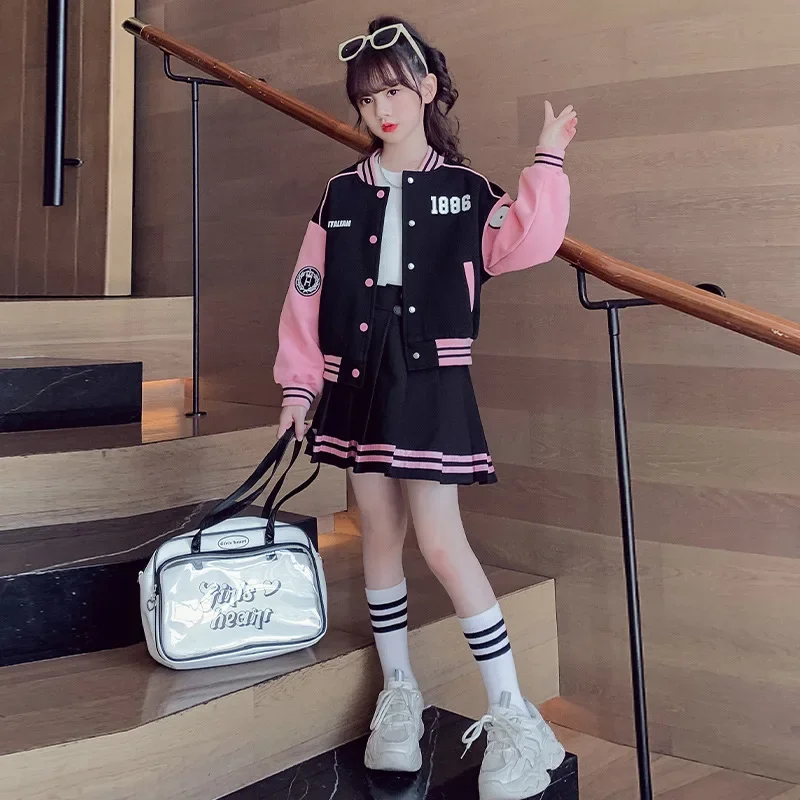 2023 winter Kids Girls School JK striped jacket Hoodies + dress Skirts Suits autumn Children set Clothes teen 8 9 12 7 year