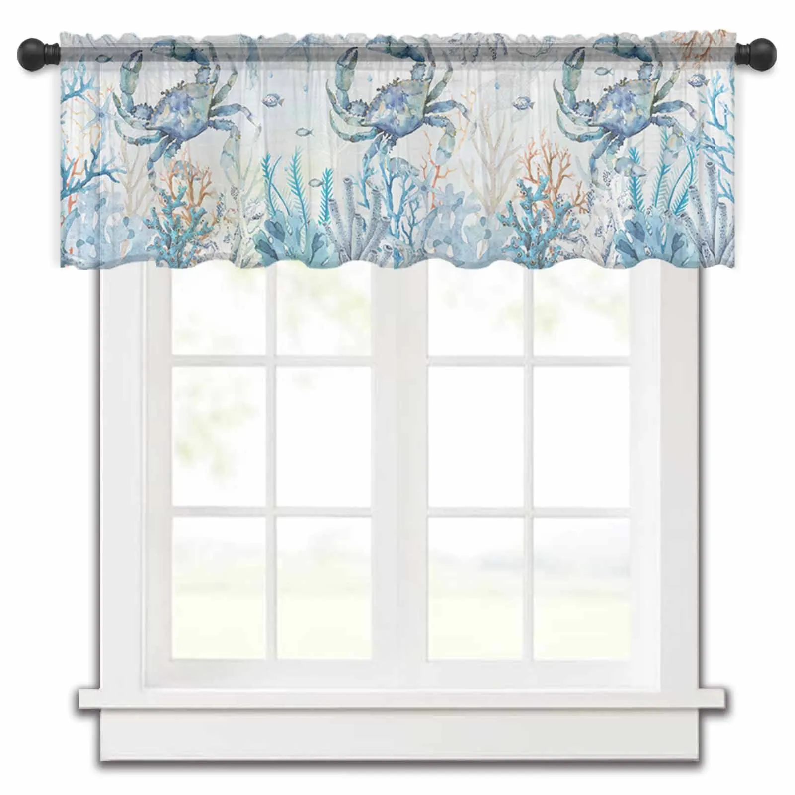 Marine Organisms Coral Blue Crabs Starfish Jellyfish Kitchen Small Window Curtain Sheer Short Curtain Living Room Voile Drapes