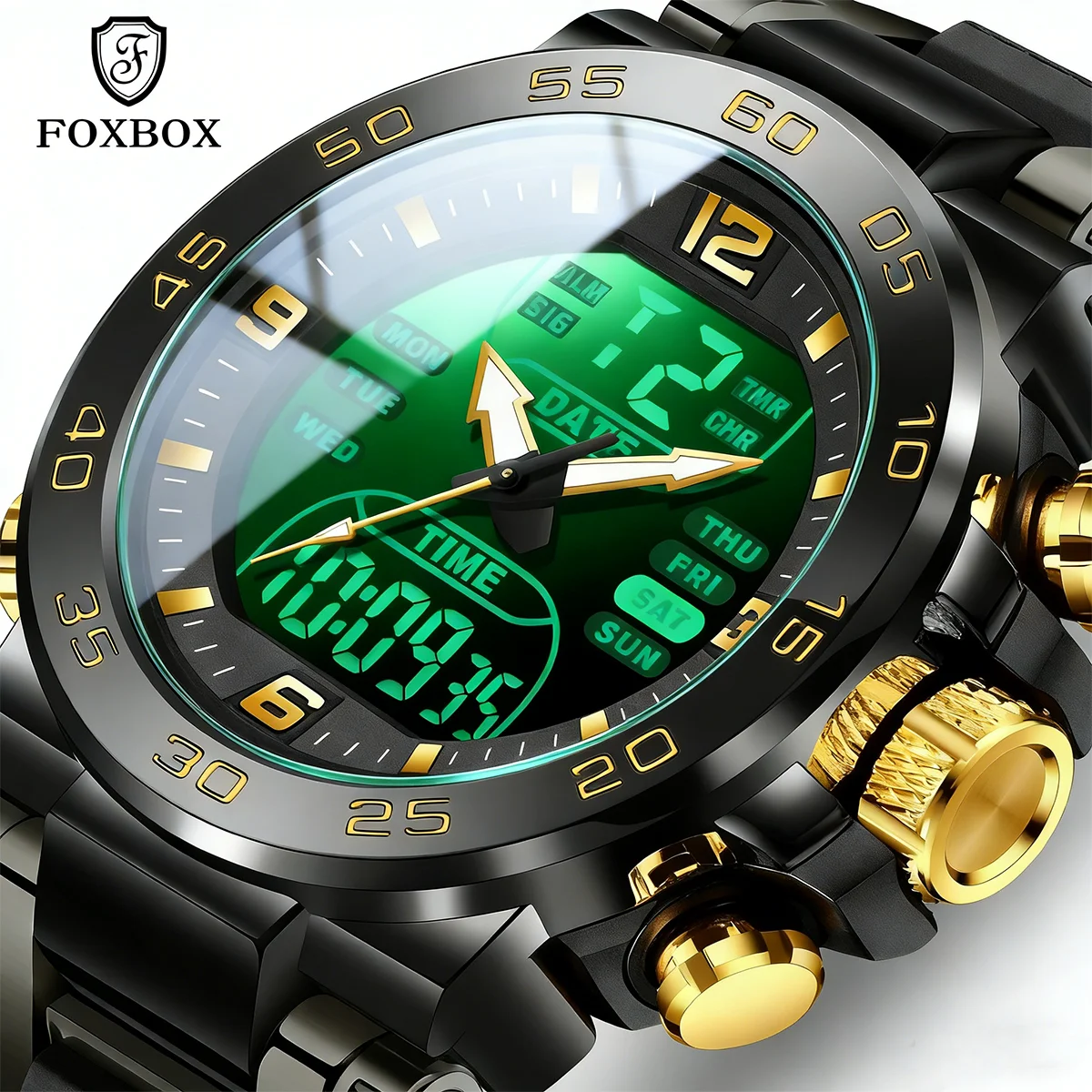 Foxbox Sportuhr LED-Licht Wecker Duale Zeitanzeige Wasserdichter Wecker Leuchtende Uhren Automatisches Datum Armbanduhren Quarz