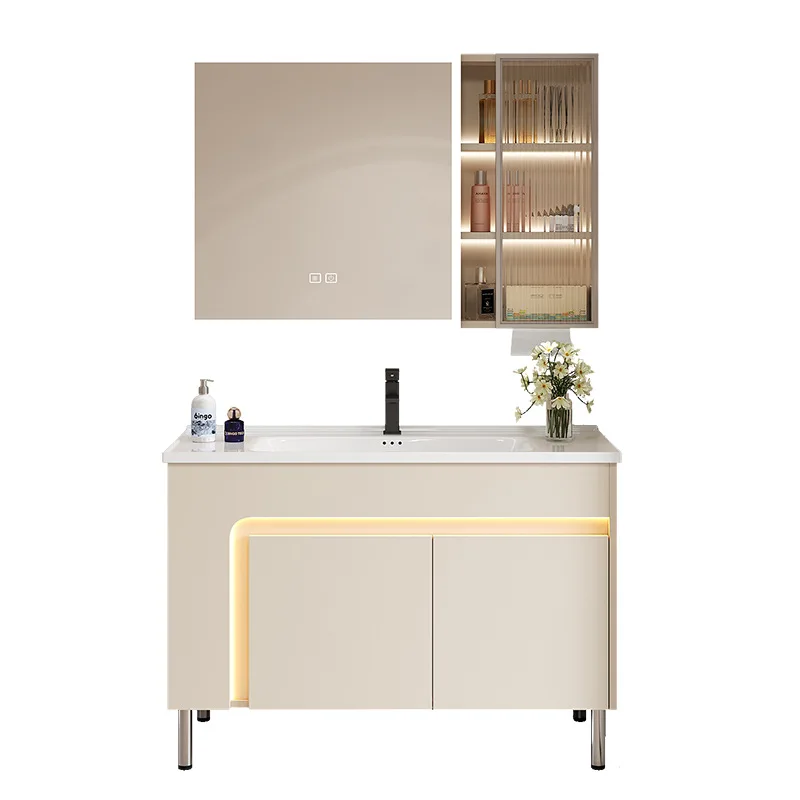 Cream Honeycomb Aluminum Floor Cabinet Toilet Bathroom Cabinet Combination Wash Table Integrated Ceramic Basin
