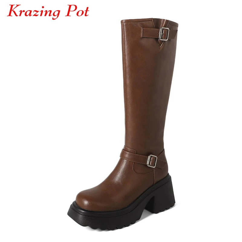 Krazing Pot 2024 Full Grain Leather Round Toe Thick High Heels Western Boots Winter Punk Metal Buckle Keep Warm Thigh High Boots