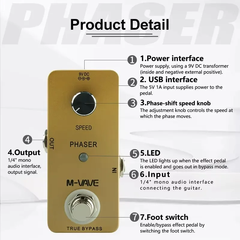 M-VAVE PHASER Analog Circuit Guitar Phase Effect Pedal True Bypass Zinc Alloy Shell Pedal Electric Guitar Parts & Accessories