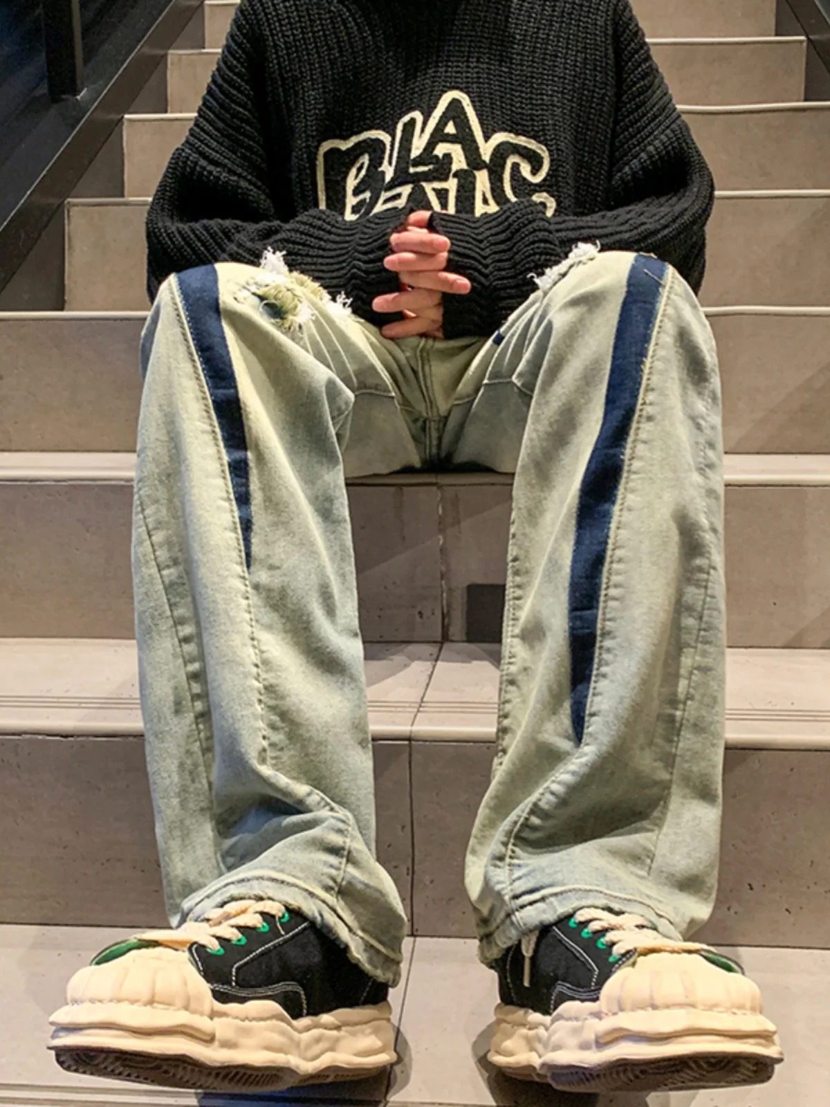 

Men's High Street Faion Loose Fit Straight Leg Jeans Spring Autumn Waed out Vintage American Sle Hip Hop Trousers