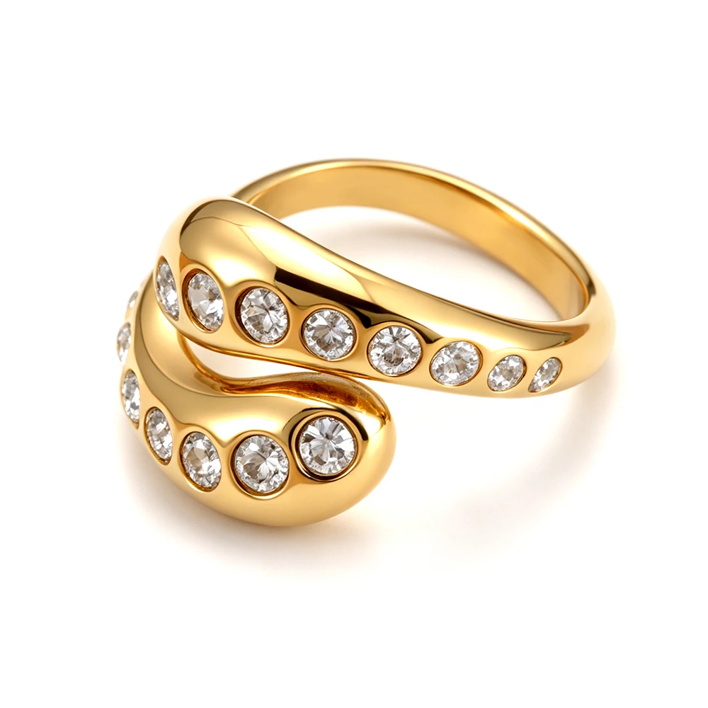 JeeMango Stainless Steel Vintage Double Row Zircon Ring Stackable Women's Ring Wedding Party Jewelry Accessories Gift R26031
