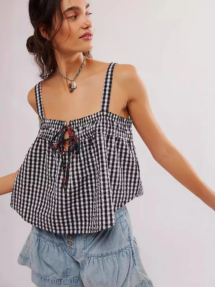 Summer 2025 Sexy Plaid Gored Paneling Women's Top European Sle Polyester Fiber Hot Spicy Crop Top for Ladies