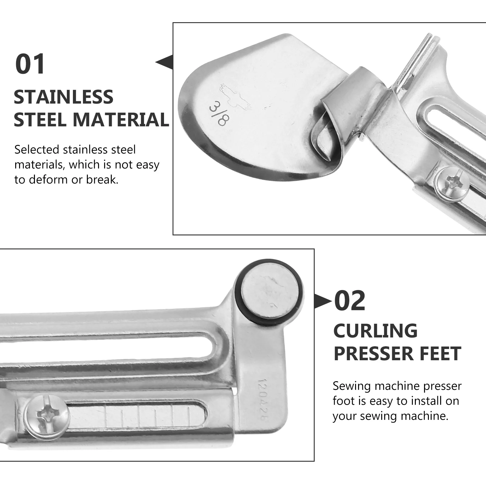 

2Pcs Sewing Machine Binder Stainless Steel Curling Presser Feet Easy Install Overlock Binding Tool for Clothes Lightweight