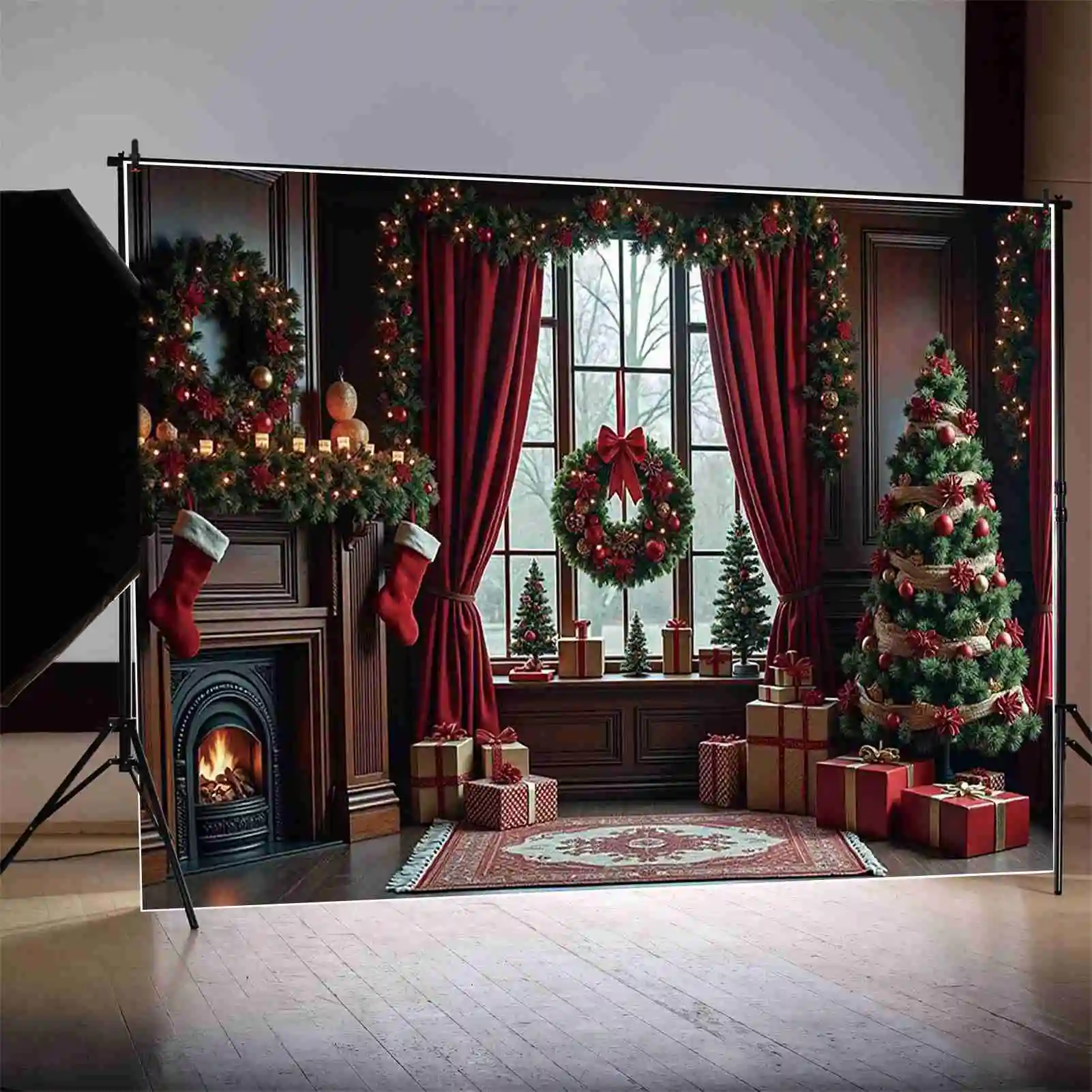 ดวงจันทร์. QG หรูหราขนาดใหญ่สีชมพูสีแดงต้นคริสต์มาสพื้นหลังสีขาวผ้าม่านบ้านพวงหรีดฉากหลังสตูดิโอถ่ายภาพอุปกรณ์เสริม