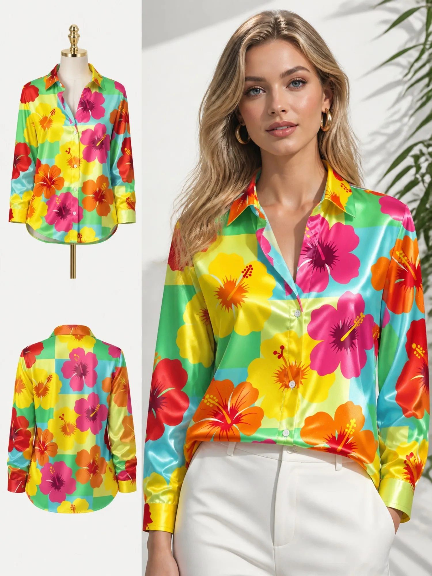 

Colorful Hibiscus Satin Button Shirt for Women Tropical Floral Print Bright Summer Long Sleeve Blouse Top Vacation Fashion Casua