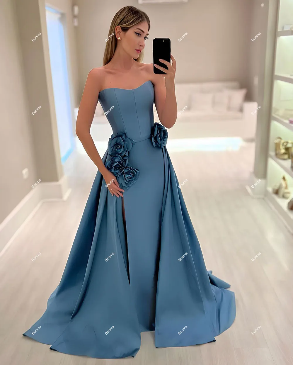 Booma A-Line Evening Dresses Sweetheart 3D Flowers Party Prom Gowns for Women Wedding Guest Dress Side Slit Formal Occasion Gown