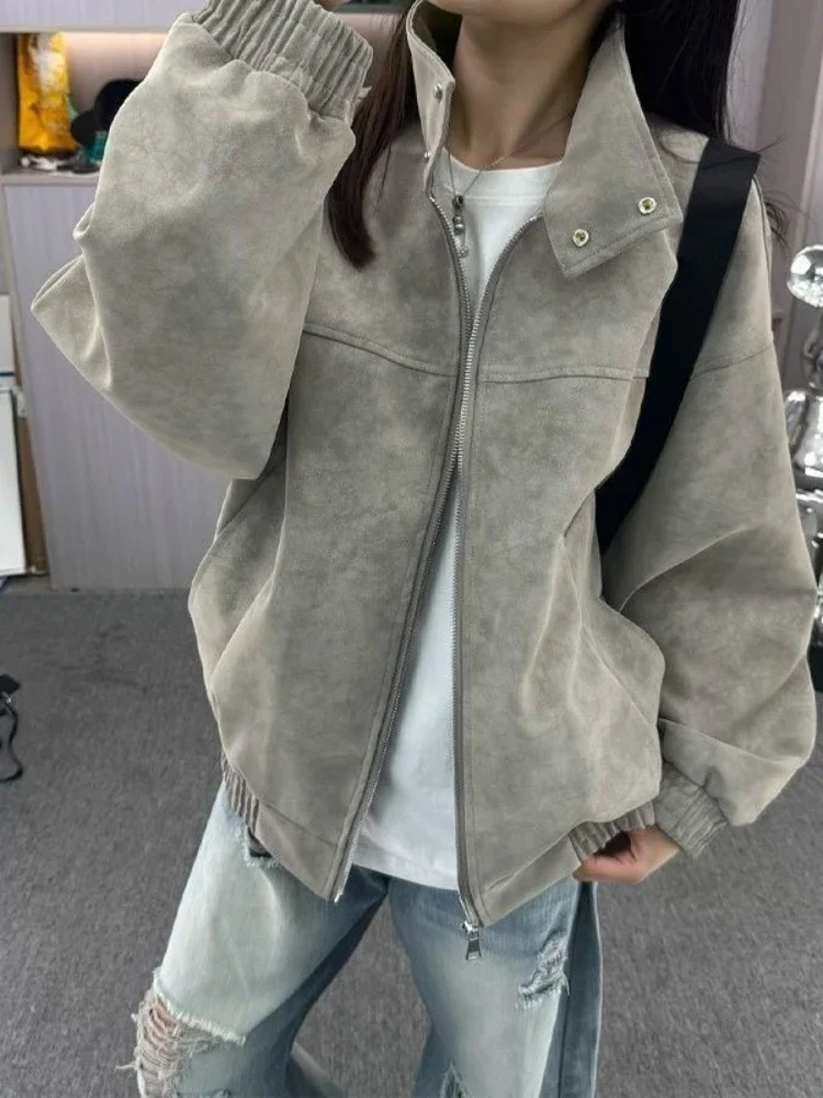 American Style Tie Dye Faux Leather Flight Jacket Short Padded Thickened Bomber Coat Autumn Winter Unisex Loose Top