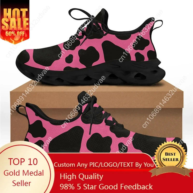 Cute Black And Pink Cow Print Women Fashion Lace-up Sneaker 2021 Brand Designer Flex Control Non-slip Vulcanized Shoe