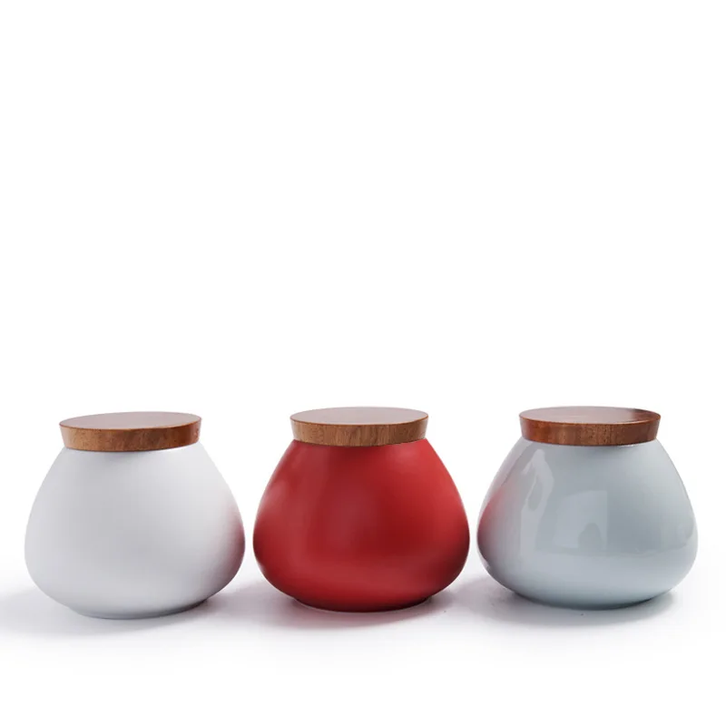 Nordic style ceramic storage jar, wooden lid, modern moisture-proof sealed food kitchen, coffee candy jar, ceramic tea jar