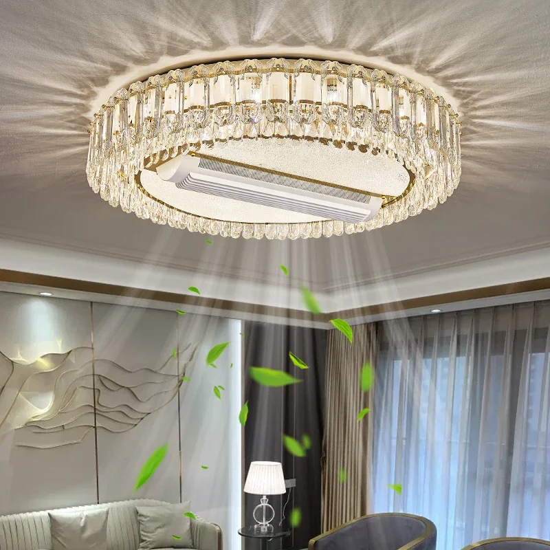 Modern Luxury Crystal Ceiling Fan Light Living Room Bedroom LED Intelligent Restaurant Cafe Study Ceiling Lamp Lighting Fixtures