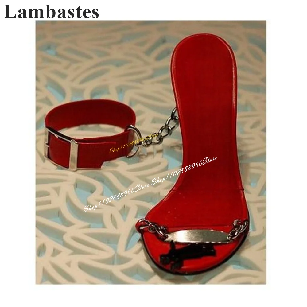 

Trending Red Metal Chain Metal Decor Sandals Thin High Heel Shoes For Women Slip On Open Toe 2024 Fashion Zapatos Para Mujere