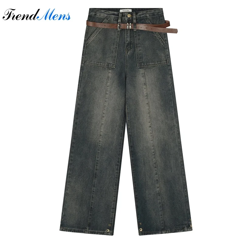 Men Jeans Casual Baggy Pants Straight-leg Trousers Belt Pantalon Homme Streetwear Y2k Ropa Hombre Wednesday Youthful Vitality