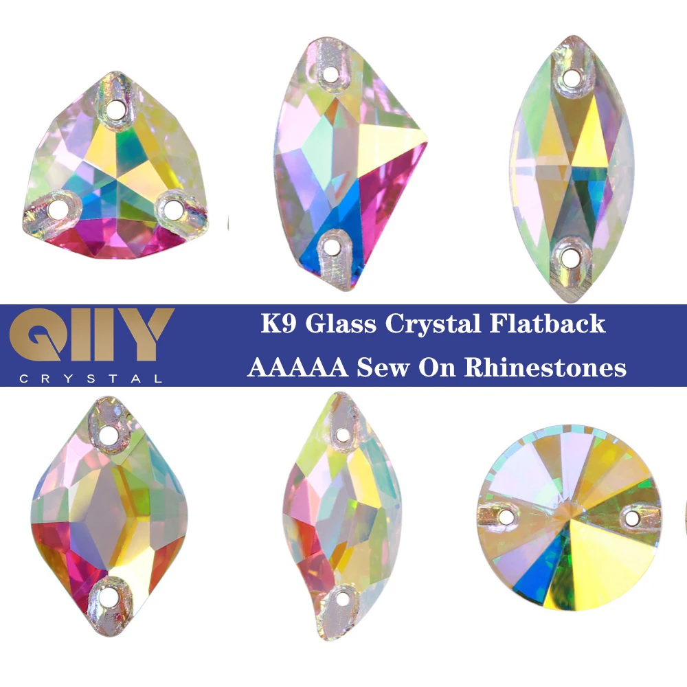 QIIY AAAAA Top Quality K9 Glass Sew On Rhinestones Sewing Crystal AB Flatback Stone For Clothes Accessories Wedding Dress