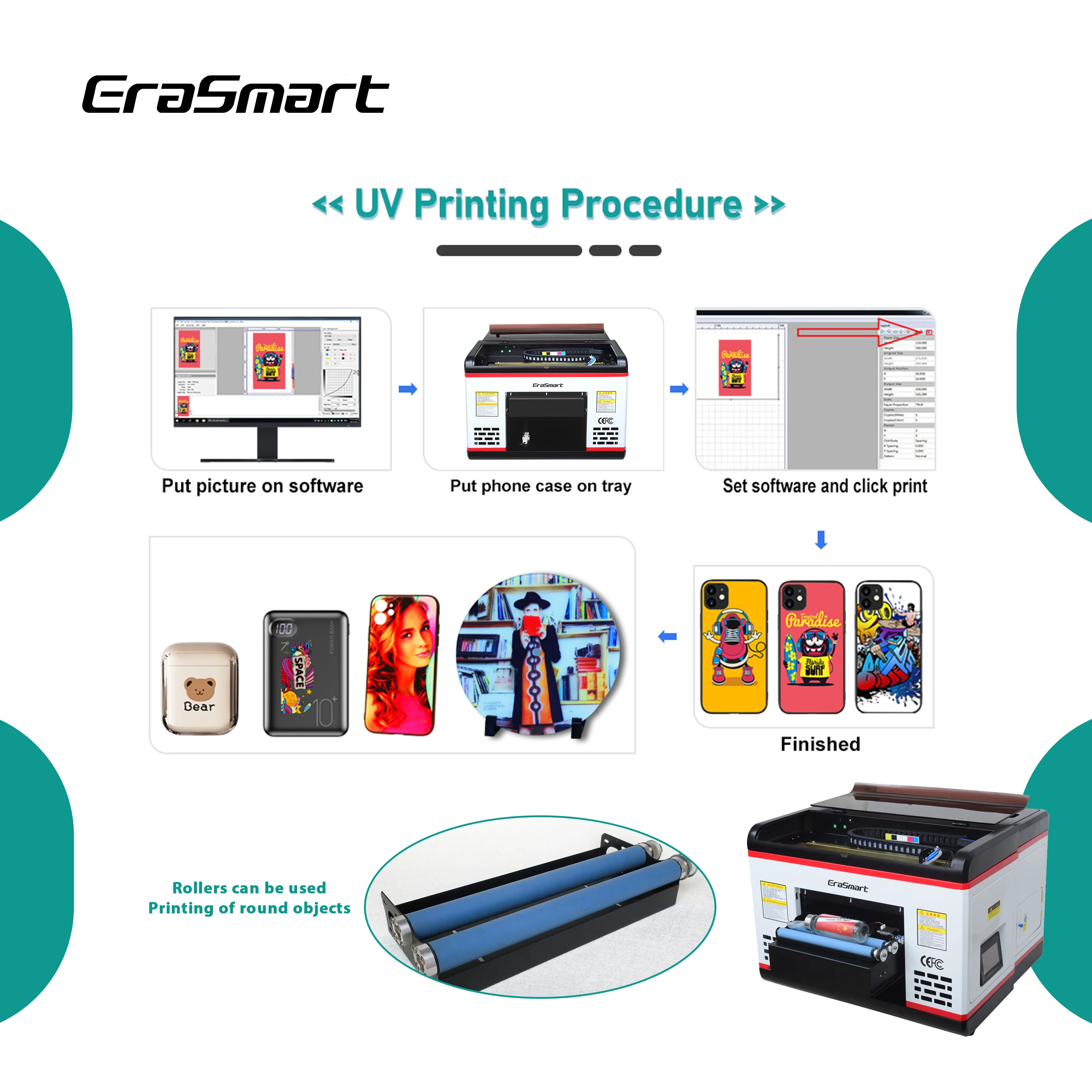 EraSmart A3 Desktop Flatbed UV พิมพ์สำหรับโทรศัพท์กรณี