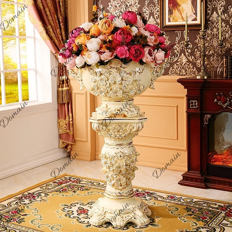 Elegant European Floor Vase Roman Column Decorative Large Ceramic Planter for Living Room Luxury Retro Home Decor