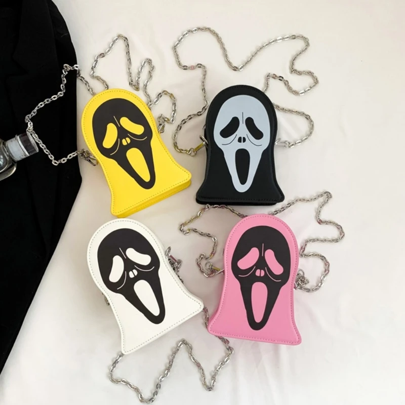 Bolsa de ombro padrão crânio couro PU Halloween, com zíper na moda, bolsa tiracolo, bolsa casual para compras, mini bolsa corrente, padrão fantasma