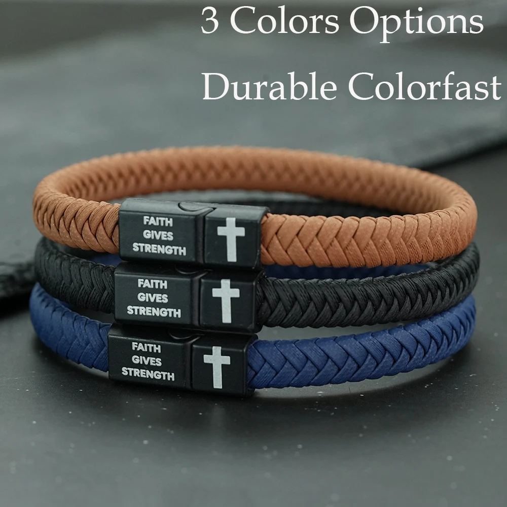 New PU Leather Braided Rope Bracelet Men Faith Gives Strength Letters Energy Braslet Casual Detachable Homme Charm Accessories