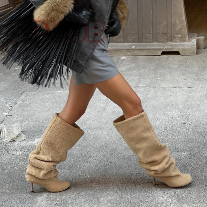 Women's Faux Lamb Wool Knee High Boots Round Toe Winter Furry High Heels Boots Winter Autumn Comfortable Elegant Dress Shoes