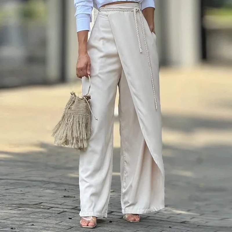 Wefads Two Piece Set Women Summer Casual Solid Lapel Long Sleeve High Waist Button Short Top Irregular Loose Tie Pant Sets