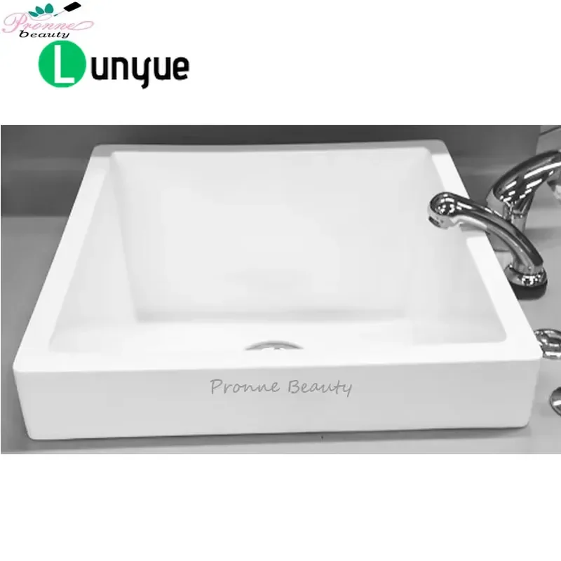 White Ceramic Square Foot Spa Sink Deluxe Pedicure Basin with Stool for Nail Massage Therapy Drop In Design