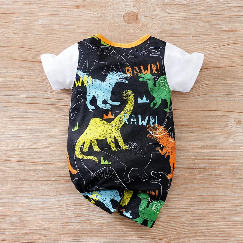 Newborn Clothing Handsome Dinosaur False Strap Full Print Comfortable Summer Boys And Girls 0-18 Short Sleeve Baby Bodysuit