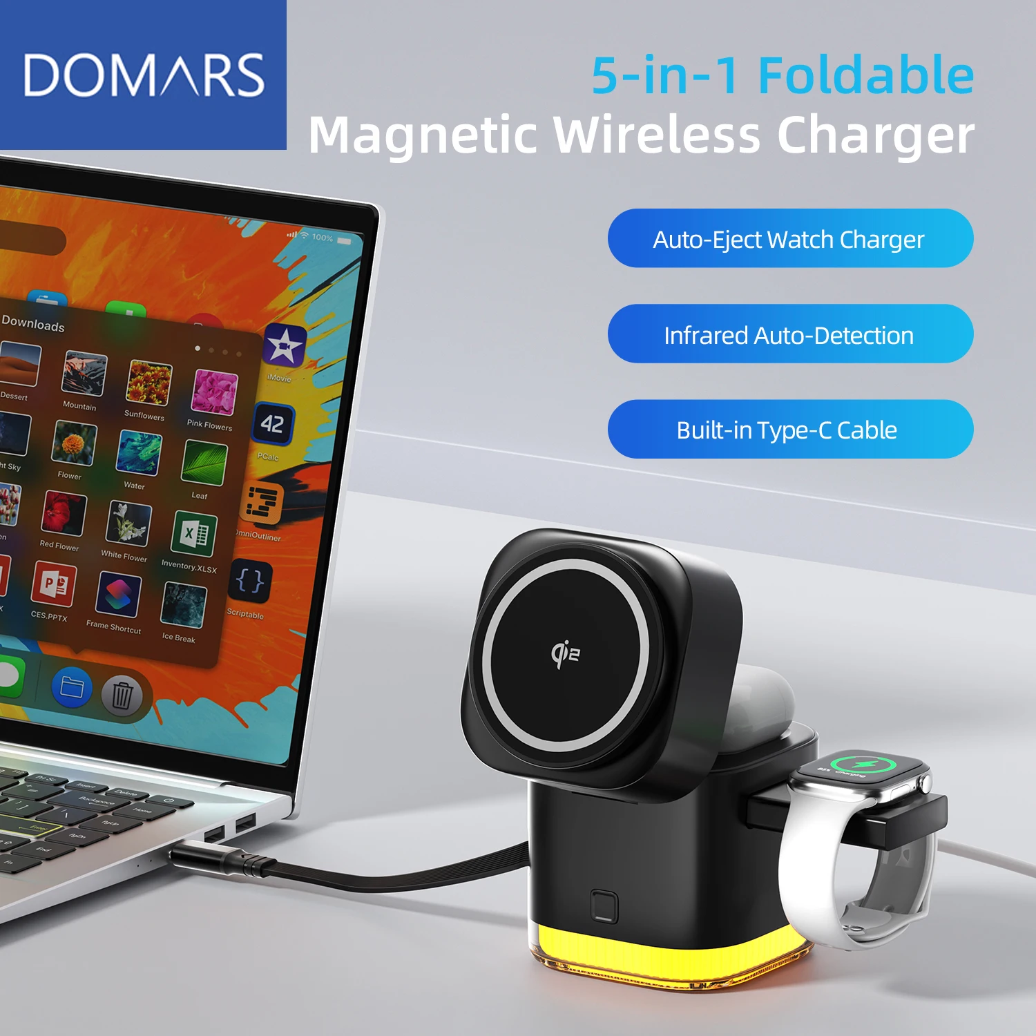 Domars Multifunctional 5-in-1 Wireless Charger with Magnetic Phone Watch Fast Charging Stand With Charging Cable