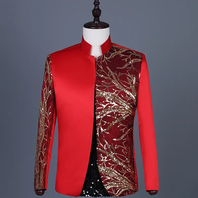 

2024 Men's Embroidery Sequined Stand Collar Color Matching blazer Stage Performance Singer Banquet Host blazer