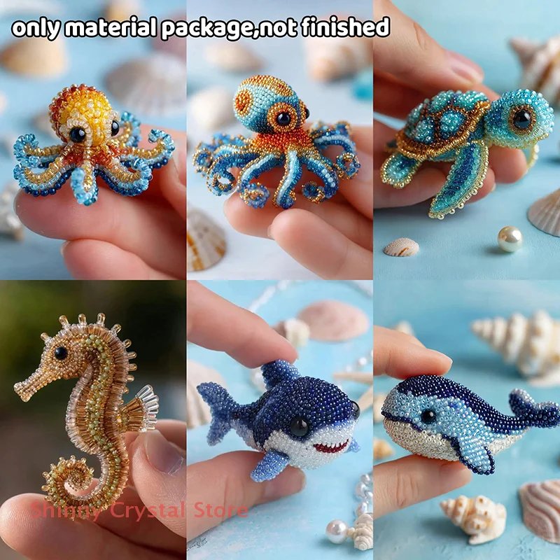 1Set Bead Embroidery Kit Material Package DIY Cute Octopus Turtles Sharks Design Craft Kit For Beginners Creative Handmade Gift