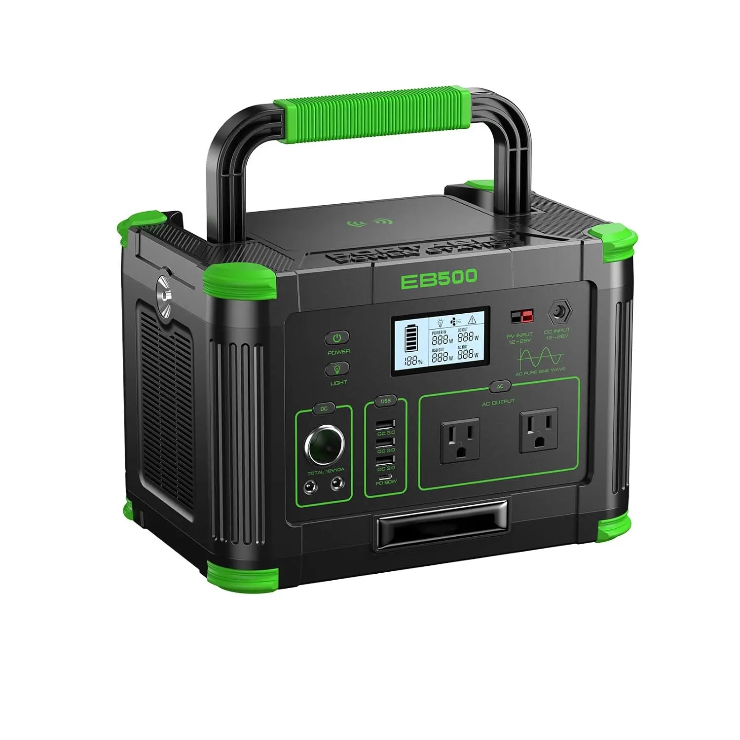 500W 519Wh Power Station, 2x AC 60W USB-C PD 10-Port Wireless Charging Pure Sine Wave Camping RV Home Backup, Customized
