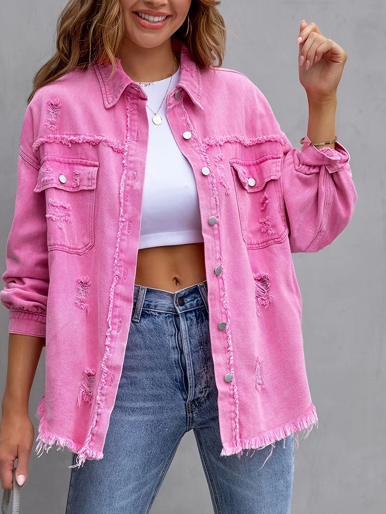 New Fashionable Women's Denim Jacket - Summer Long-Sleeved Button-Down Distressed Loose-Fitting Ladies Coat