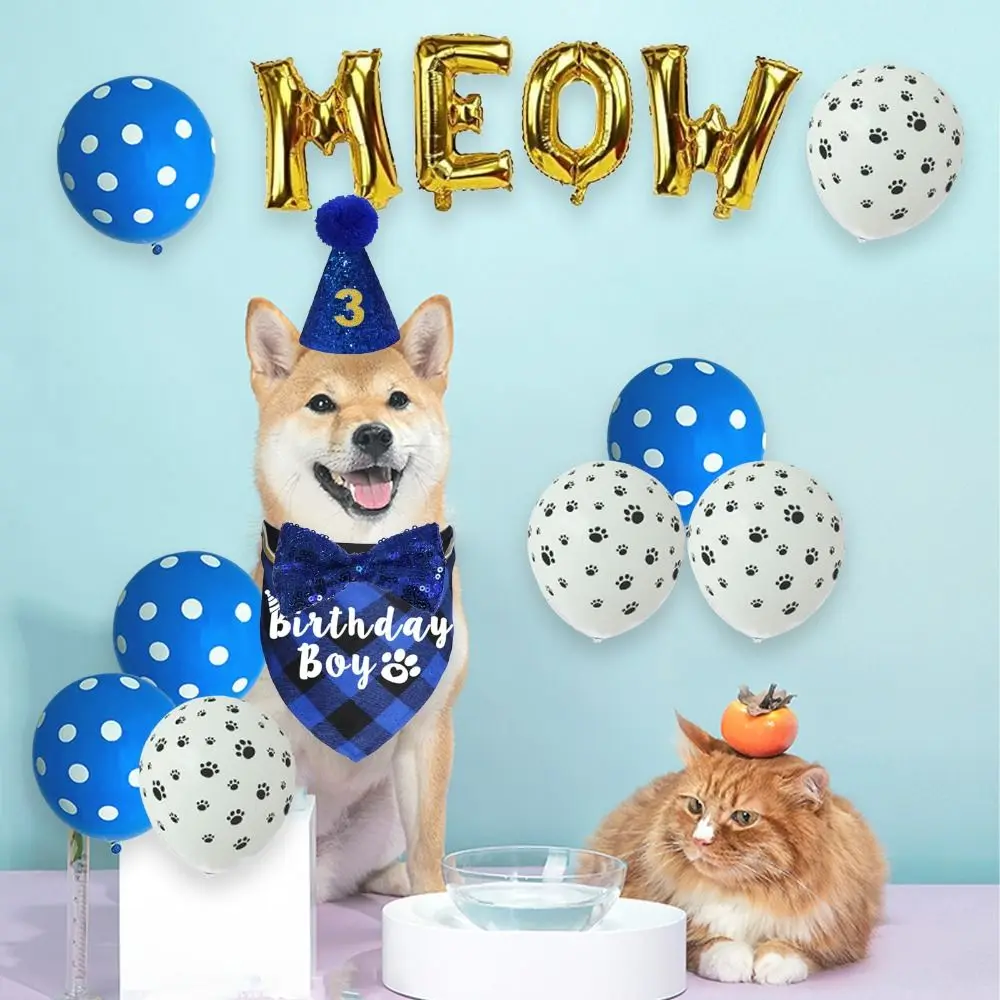 Kitten Birthday Decorations Latex Cat Birthday Foil Bandana Bow Tie Pet