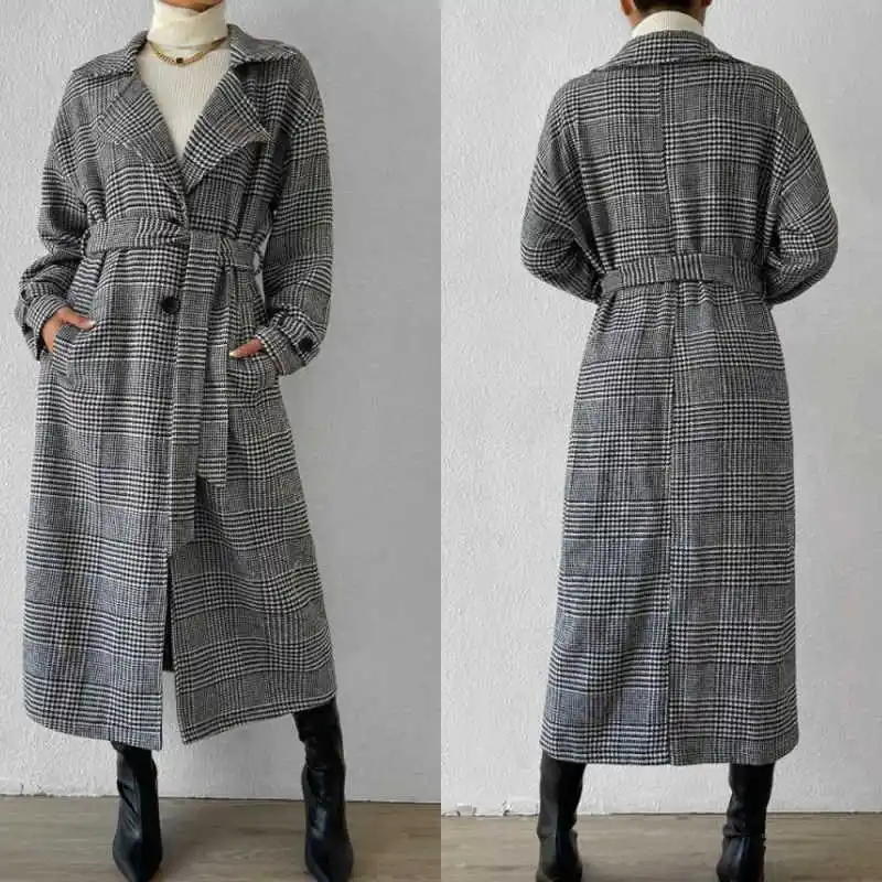 

Warm Long Coat Single Breasted With Belt Autumn Winter Thick Overcoat Stripe Office Ladies Work Customized Women Coat
