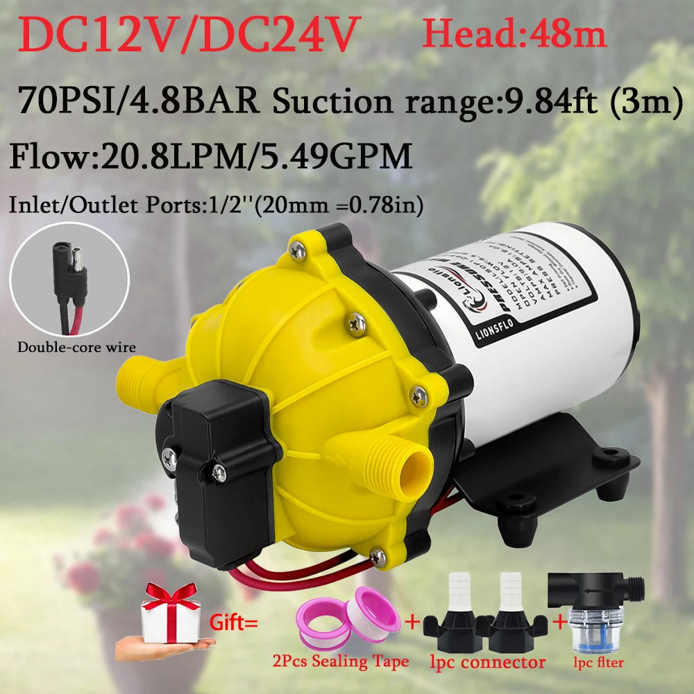 

DC12V/24V Durable High Pressure Diaphragm Pump Self-Priming Large Flow 20.8LPM 70PSI Rv Yacht Booster Pump Five-Cavity Supply