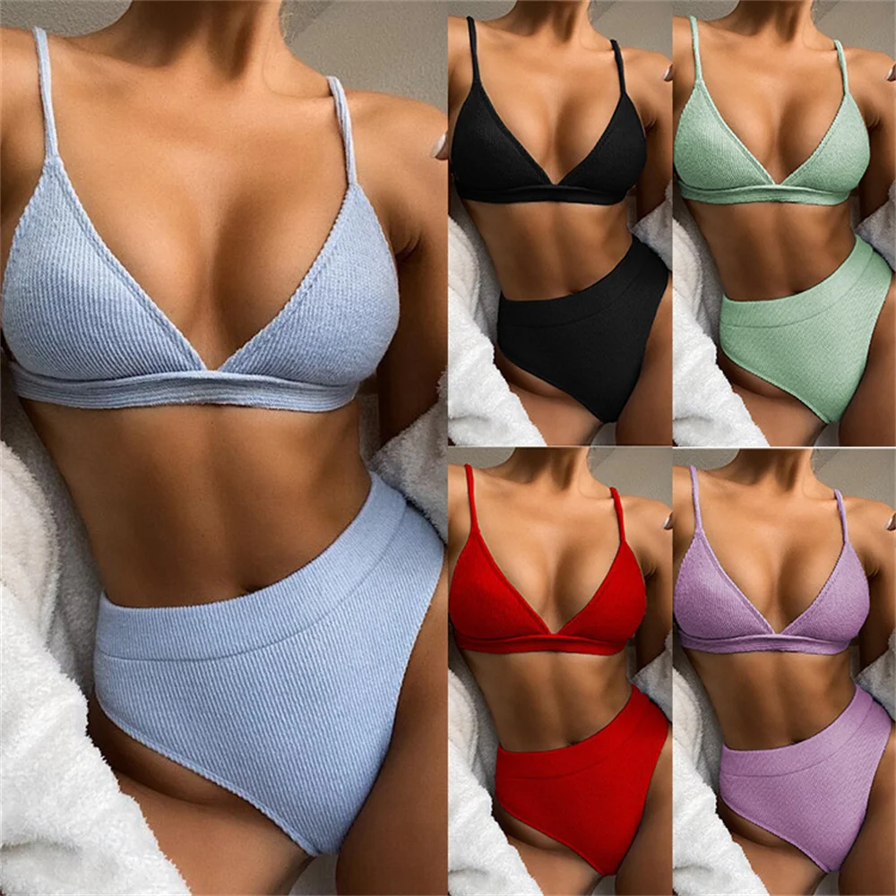 

2023 Bikini Women Sexy Solid High Waist Swimwear Female Swimsuit Bikinis Set Ribbed Bathing Suit Trajes De Bano Mujer Brasileno