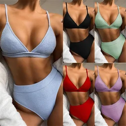 2024 Bikini Women Sexy Solid High Waist Swimwear Female Swimsuit Bikini Set Ribbed Bathing Suit Trajes De Bano Mujer Brasileno