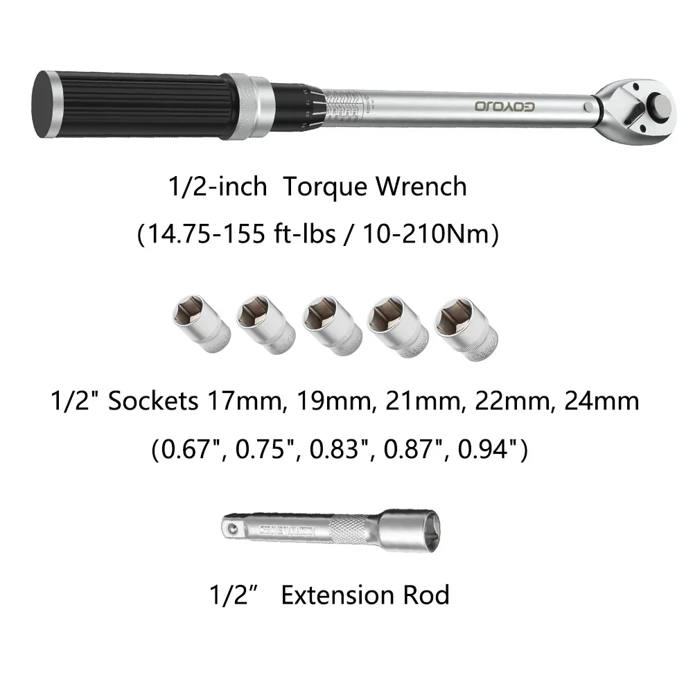 1/2-inch Drive Click Torque Wrench Set Dual-Direction Adjustable 72-tooth Torque Wrench with Buckle（14.75-155 ft-lbs / 10-210Nm）