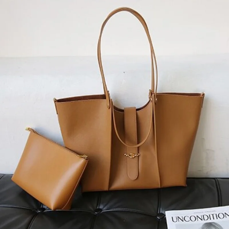 Women’s Minimal Genuine Leather Tote Bag for Women Oversize Capacity Luxury Handbag Hobo Bag Unique Double Space Bucket Bag 2024