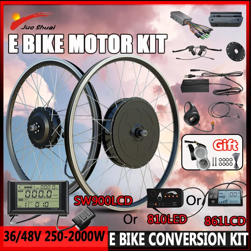 Electric Bike Conversion Kit 250W-2000W Brushless Hub Motor Wheel E Bike Motor Kit IP65 Waterproof 20