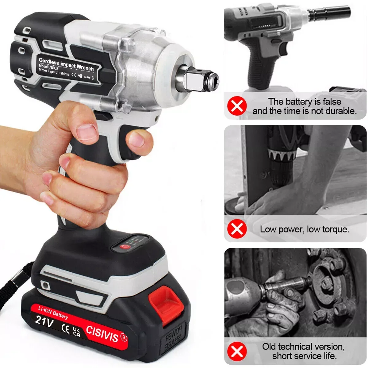 1/2 Cordless Impact Wrench 21V High-Torque Power Gun Driver DIY Electric Power Tool Battery Source