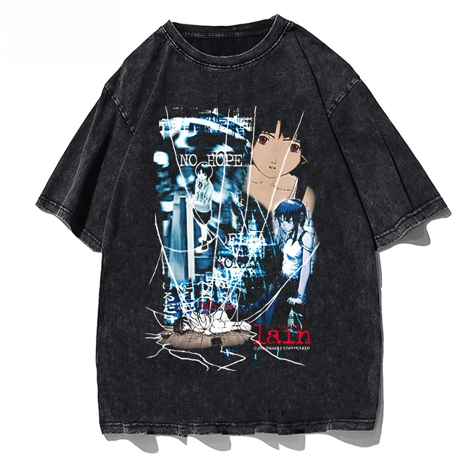 Serial Experiments Lain Funny Anime Graphic Washed Cotton T‑shirt Unisex Comfortable Harajuku Short Sleeve Streetwear Casual Top
