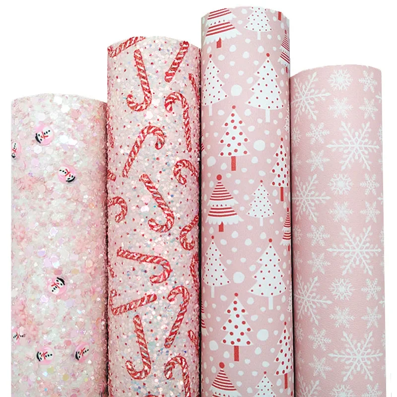 Pink Snowmen Glitter Leather Sheets Crushes Candy Cane Printed Glitter Leather Snowflakes Faux Leather For Bow DIY 21x29CM Q1505