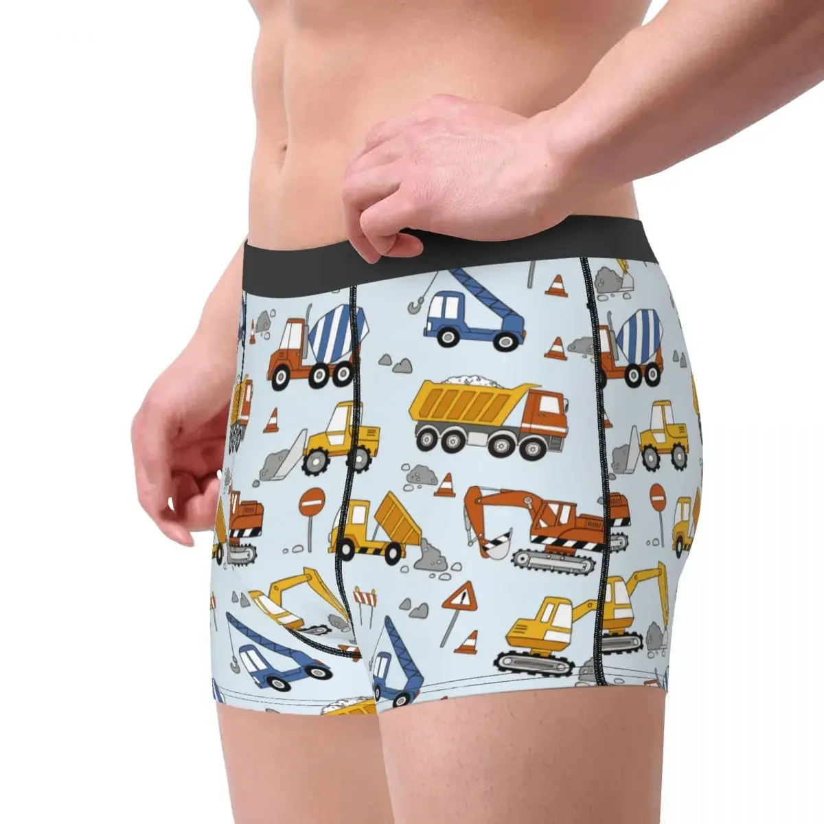 Men's Construction Trucks Bulldozers Pattern Boxer Shorts Panties Mid Waist Underwear Excavators Cartoon Male Funny Underpants