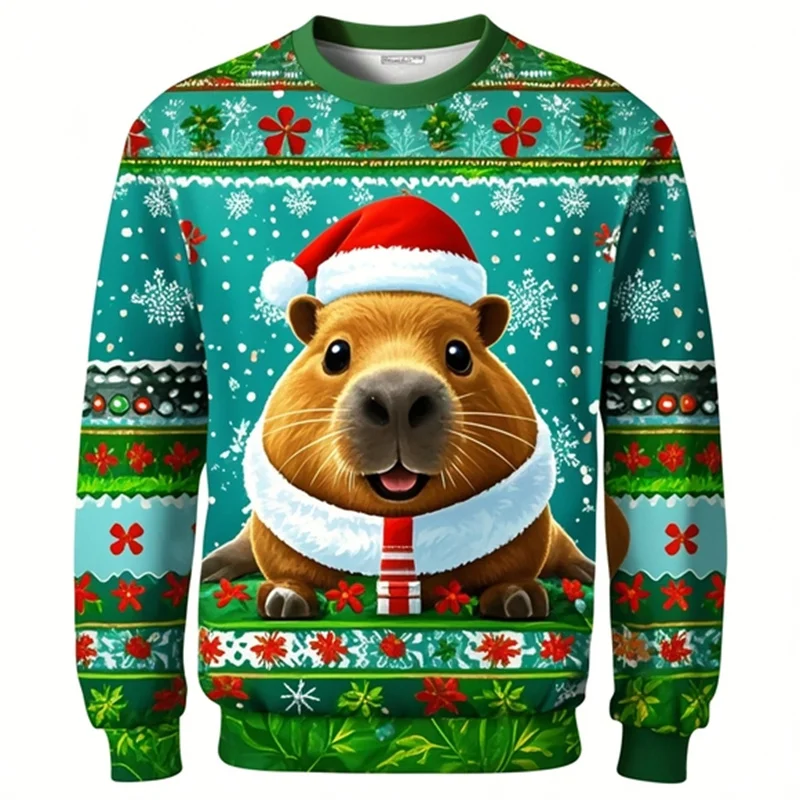 Capybara Graphic Christmas Sweatshirts For Men Women Kid Fashion O Neck Long Sleeved Pullover Casual Sports Tracksuits Tops