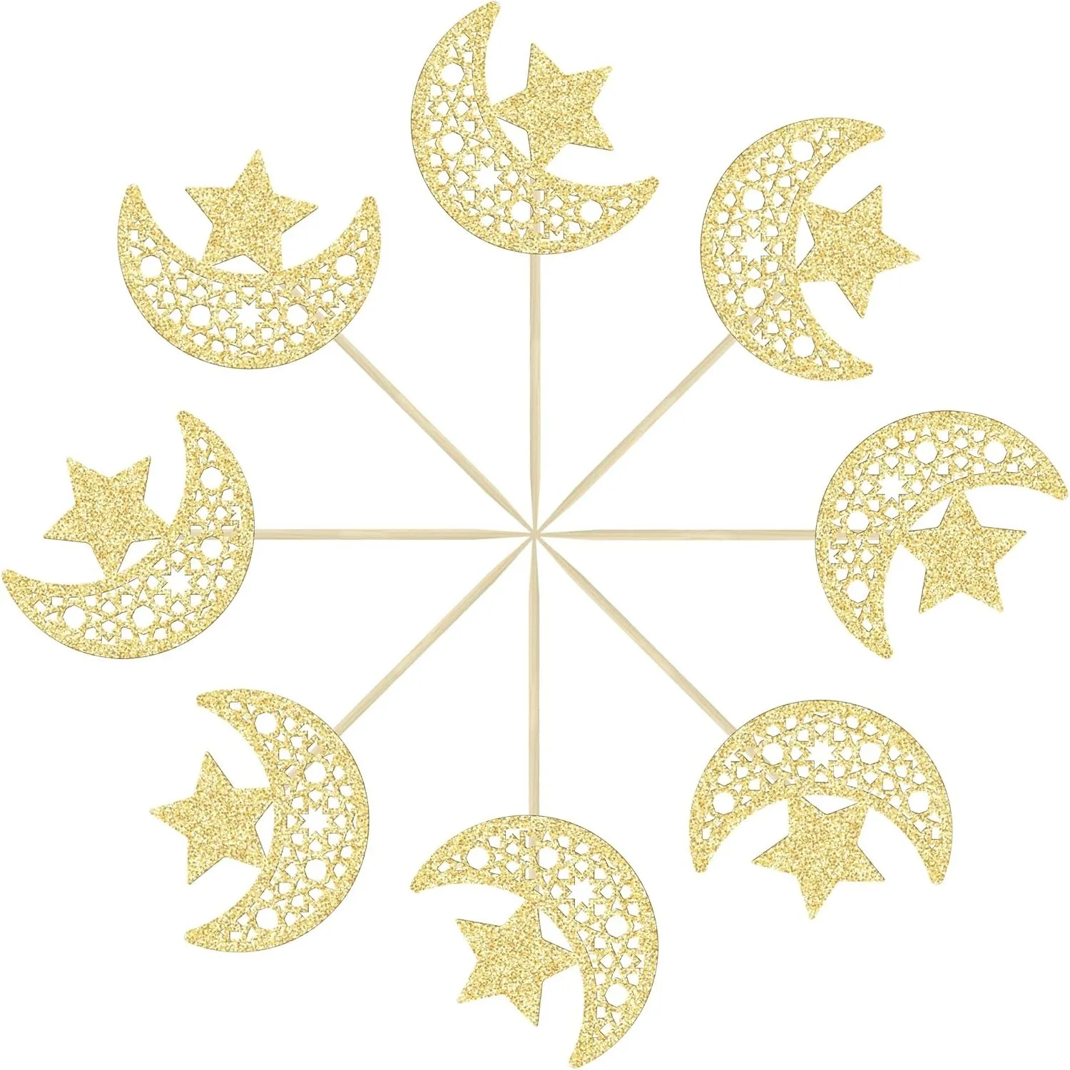 24 Stück goldene Glitzer-Eid-Mond-Stern-Cupcake-Topper für Eid Mubarak, Ramadan Kareem, islamisch, muslimisch, Hochzeit, Geburtstagsfeiern